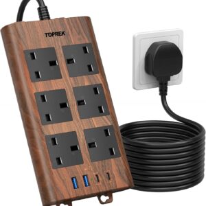 Wood Grain 6 Way Extension Lead with USB Slots, Surge Protection, 2USB-A & 2USB-C & 1 Switch, 13A/3250W, Brown Extension Cable 2M for Home Office Kitchen