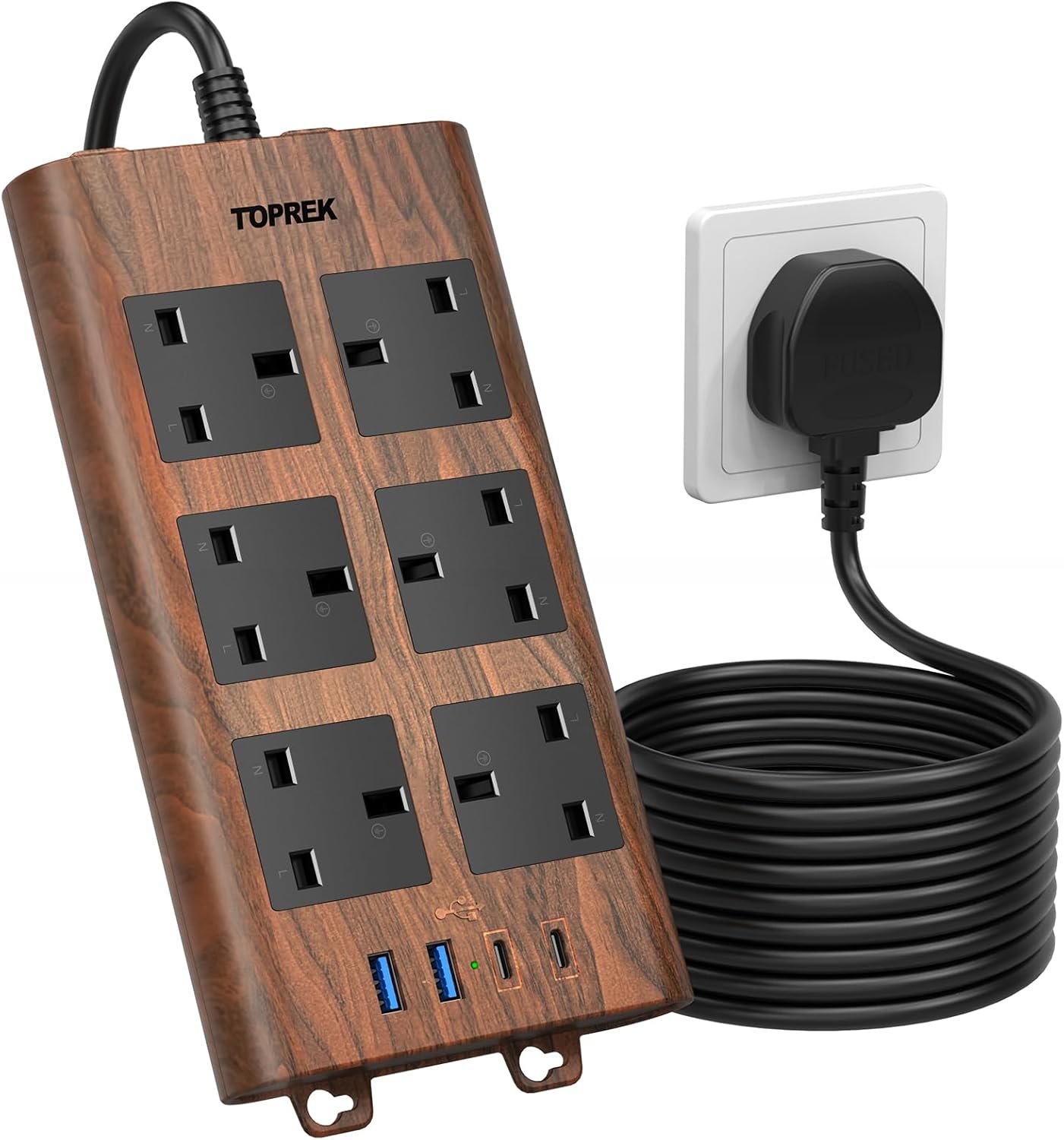 Wood Grain 6 Way Extension Lead with USB Slots, Surge Protection, 2USB-A & 2USB-C & 1 Switch, 13A/3250W, Brown Extension Cable 2M for Home Office Kitchen
